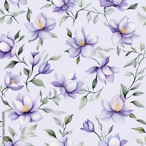 A delicate floral pattern featuring soft purple magnolias and green leaves on a light background.