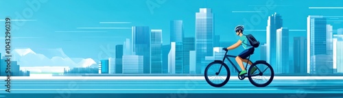 A cyclist rides through a vibrant cityscape, showcasing urban life and active transportation. photo