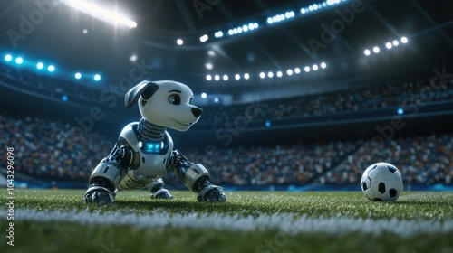 Robotic Dog Preparing to Kick Soccer Ball in Stadium