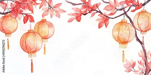 Traditional Chinese Lanterns with Red Autumn Leaves