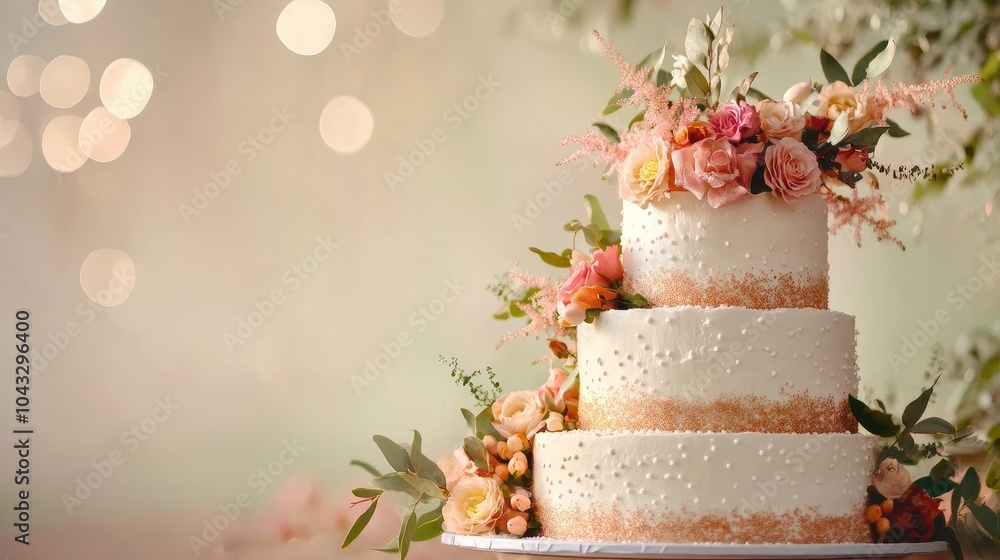 Fototapeta premium A beautifully decorated three-tier wedding cake adorned with fresh flowers, set against a soft, blurred background with bokeh lights.