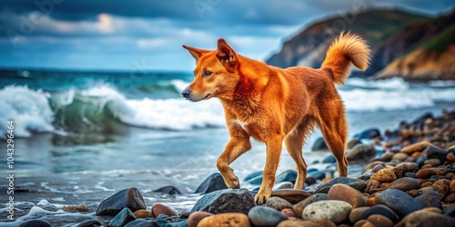 A lone red dog limping on a rocky shore, the shallow depth of field blurring the background. photo