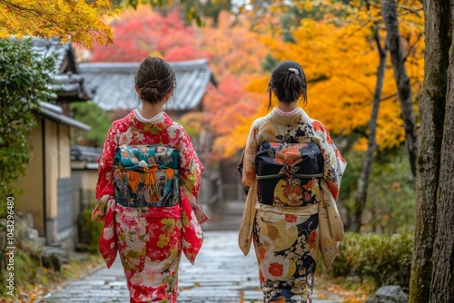 women wearing traditional japanese kimono walking in Kyoto city in Japan. ai generated