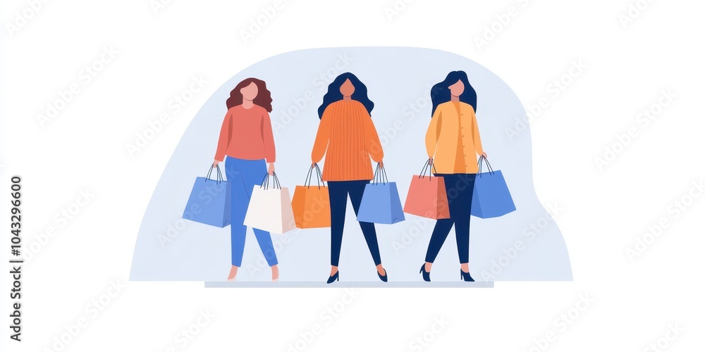Fototapeta premium Three women carrying shopping bags in colorful outfits, enjoying a day out.