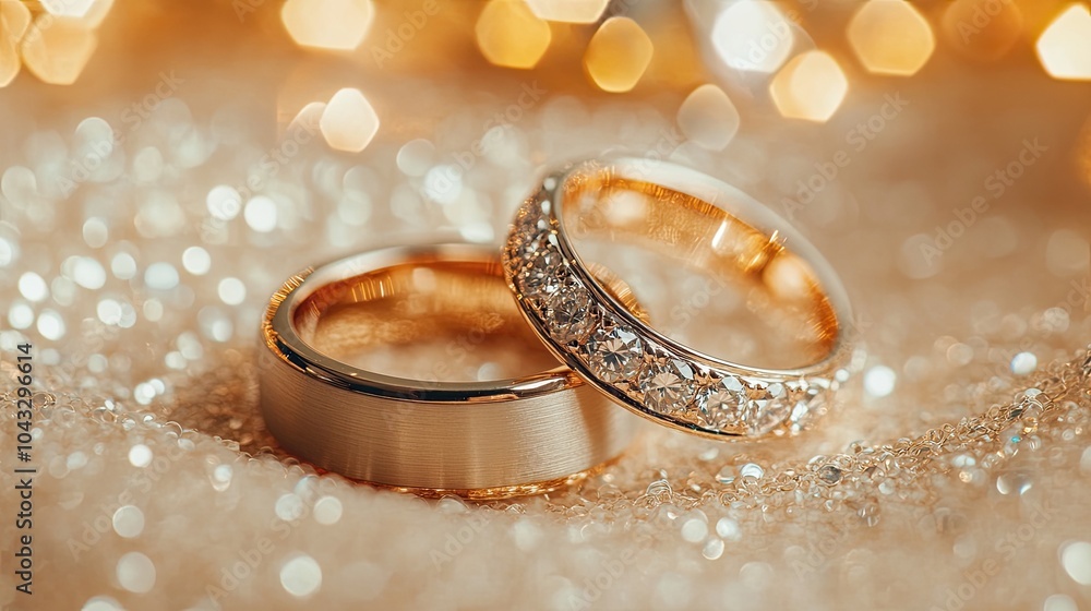 Two elegant wedding rings resting on a soft surface, adorned with sparkling details, reflecting light against a dreamy, blurred background. Two elegant wedding rings resting on a soft surface, adorned with sparkling details, reflecting light against a dreamy, blurred background.