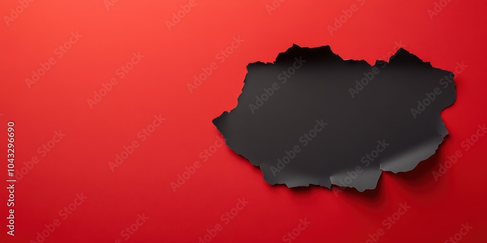 Fototapeta premium Torn black paper on a bright red background, abstract design element.