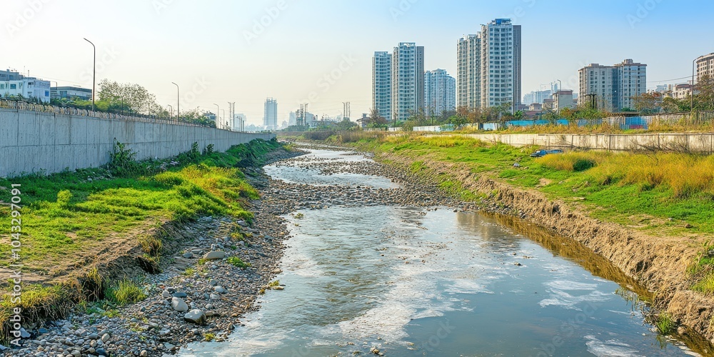 Urban river with greenery and buildings in the background on a clear day. Urban river with greenery and buildings in the background on a clear day.