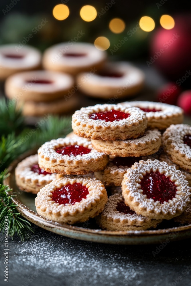 Festive Christmas Linzer Cookies on Rustic Wooden Table Festive Christmas Linzer Cookies on Rustic Wooden Table