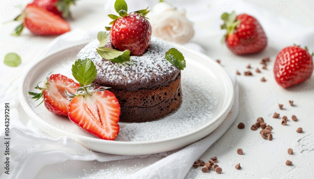 Decadent Chocolate Cupcake with Fresh Strawberries and Sparkling Background Decadent Chocolate Cupcake with Fresh Strawberries and Sparkling Background