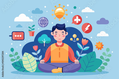Meditation and mindfulness concept with nature and wellness icons for stress relief and mental health awareness