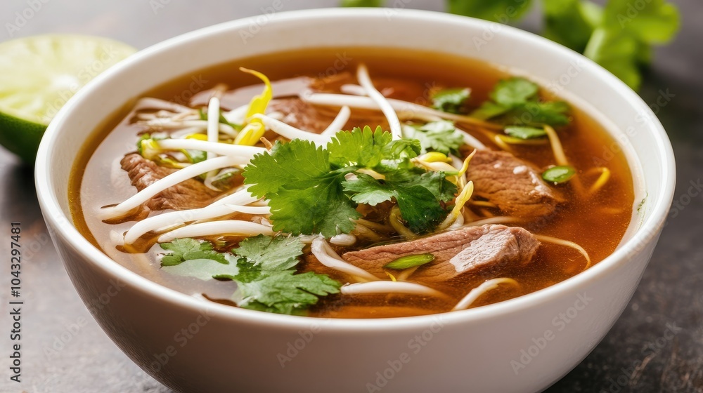 Traditional Pho Bo soup with beef slices, rice noodles, and herbs, garnished with bean sprouts and a slice of lime. --chaos Traditional Pho Bo soup with beef slices, rice noodles, and herbs, garnished with bean sprouts and a slice of lime. --chaos