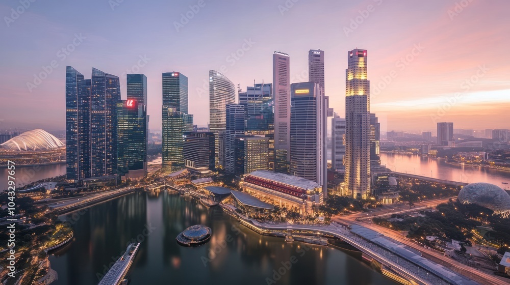 Fototapeta premium A panoramic view of a modern city skyline at sunrise, showcasing skyscrapers and water.