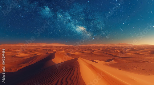 A quiet desert at night, with an endless expanse of sand dunes stretching out beneath a sky full of stars. The scene is peaceful and vast, with a slight breeze creating gentle waves in the sand.