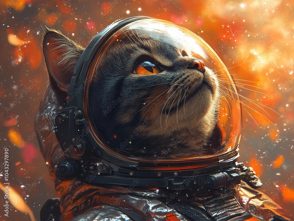 adorable space cat in a shiny astronaut suit, exploring a vibrant galaxy, filled with twinkling stars and colorful nebulae, showcasing a whimsical fusion of outer space and feline charm