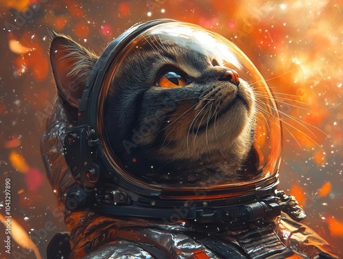 Obraz na płótnie adorable space cat in a shiny astronaut suit, exploring a vibrant galaxy, filled with twinkling stars and colorful nebulae, showcasing a whimsical fusion of outer space and feline charm w salonie