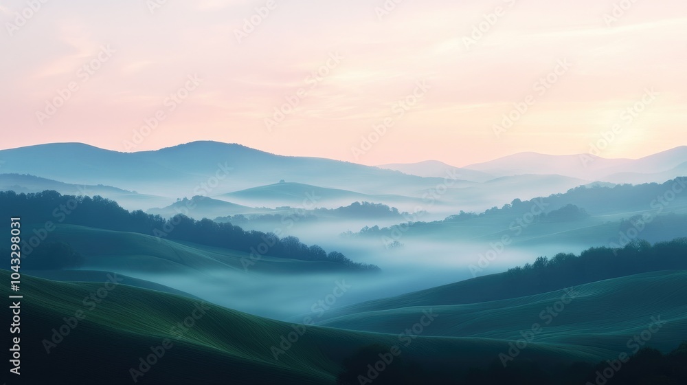 Dawn fog enveloping rolling hills, casting a mysterious and ethereal mood over the landscape as the sun begins to rise Dawn fog enveloping rolling hills, casting a mysterious and ethereal mood over the landscape as the sun begins to rise