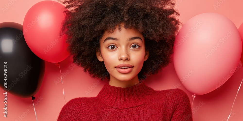 Young girl with curly hair, wearing red sweater, surrounded by colorful balloons. Young girl with curly hair, wearing red sweater, surrounded by colorful balloons.