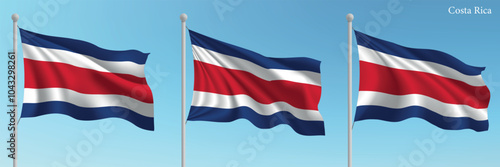 Set of three flags of Costa Rica waving on flagpoles