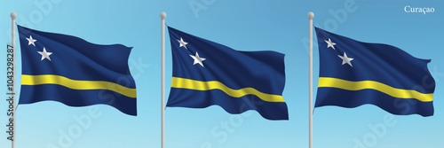 Set of three flags of Curacao waving on flagpoles