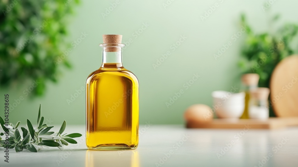 Elegant bottle of olive oil with fresh olives and greenery Elegant bottle of olive oil with fresh olives and greenery
