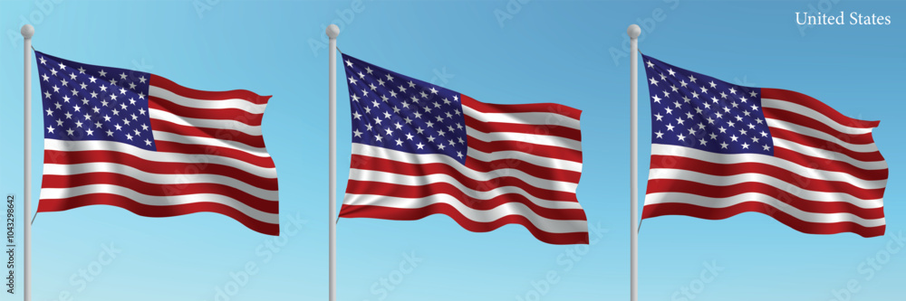 Obraz premium Set of three flags of United States waving on flagpoles