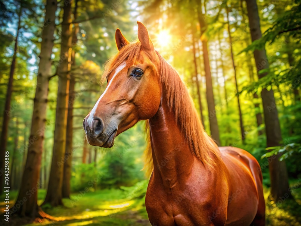 Obraz premium A miniature horse, bathed in soft light, gazes serenely into a dreamlike forest.