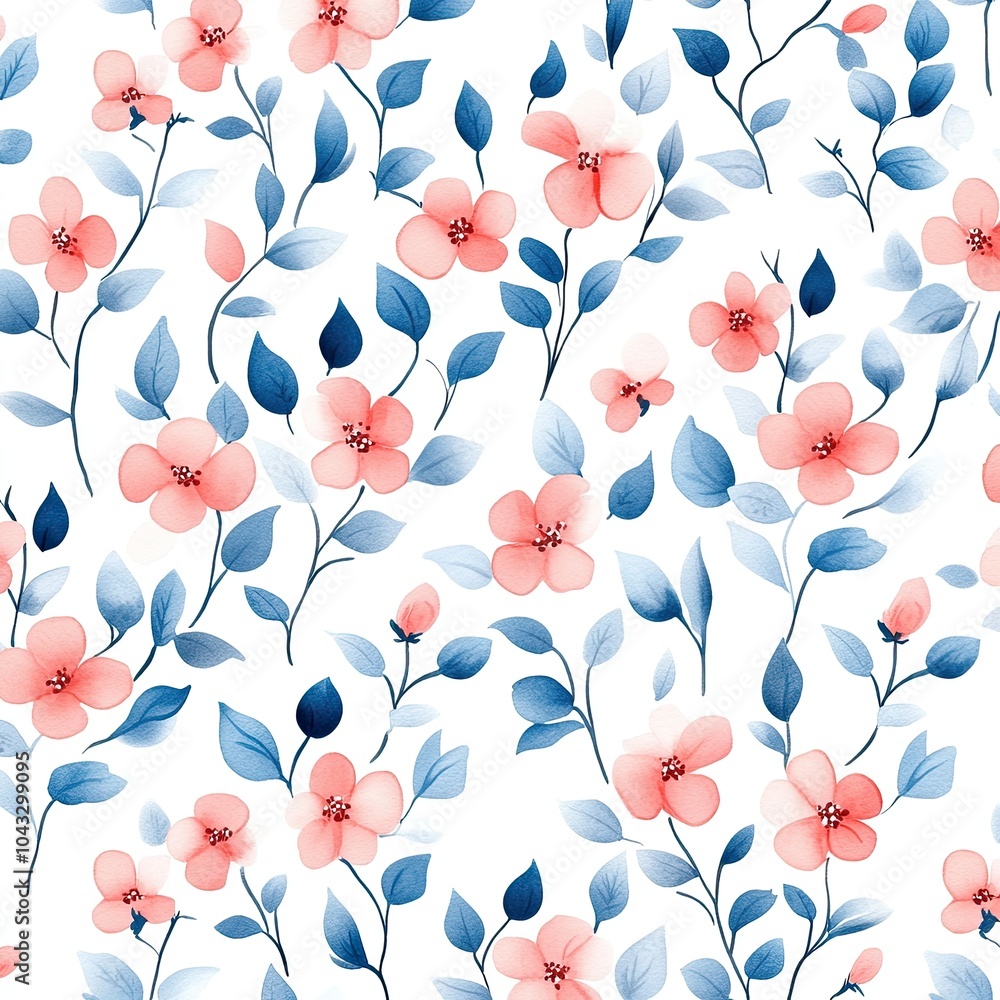 A delicate floral pattern featuring pink flowers and blue leaves on a white background, creating a fresh and vibrant aesthetic. A delicate floral pattern featuring pink flowers and blue leaves on a white background, creating a fresh and vibrant aesthetic.