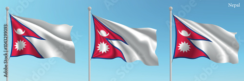 Set of three flags of Nepal waving on flagpoles