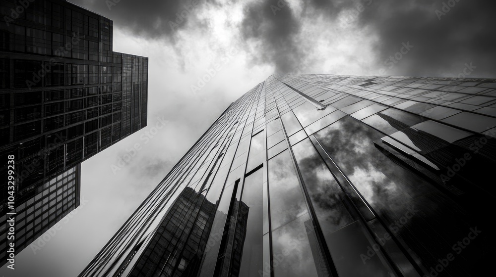 Fototapeta premium A bold architectural shot of a modern skyscraper with a reflective glass fade, blending the city and sky into its design