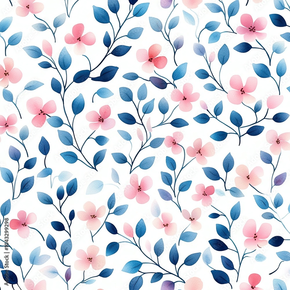 A vibrant floral pattern with pink flowers and blue leaves on a white background, creating a fresh and lively aesthetic. A vibrant floral pattern with pink flowers and blue leaves on a white background, creating a fresh and lively aesthetic.