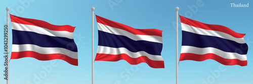 Set of three flags of Thailand waving on flagpoles