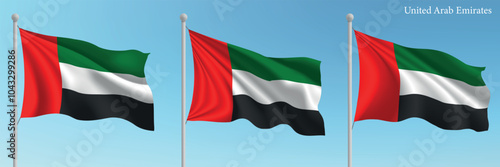Set of three flags of United Arab Emirates waving on flagpoles