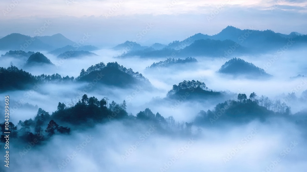 A captivating landscape of fog-covered hills at dawn, the mist adding a sense of mystery and calm to the peaceful scene A captivating landscape of fog-covered hills at dawn, the mist adding a sense of mystery and calm to the peaceful scene