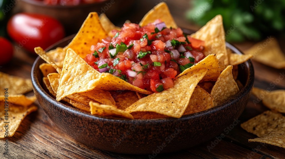 Crunchy tortilla chips with fresh salsa in a rustic bowl Crunchy tortilla chips with fresh salsa in a rustic bowl