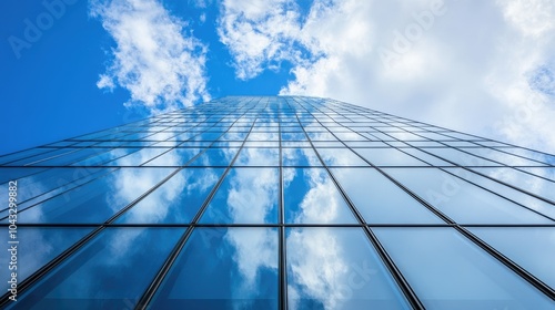 Wallpaper Mural A modern glass skyscraper towering into the sky, its reflective surface capturing the urban surroundings in a bold shot Torontodigital.ca