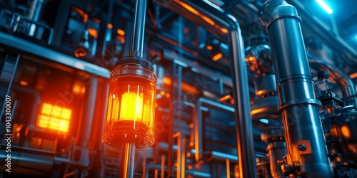 Industrial machine with glowing orange lights and intricate pipes in a modern factory setting, showcasing advanced engineering technology.