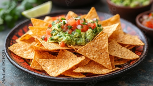 Crunchy nachos topped with fresh guacamole and tomatoes