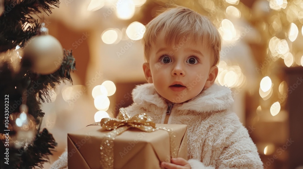 A beautiful little boy in a fluffy festive clothes gets surprised with a gift in a fairytale Christmas setting. Children's Christmas and New Year. Evening fashion for children. Copy space. A beautiful little boy in a fluffy festive clothes gets surprised with a gift in a fairytale Christmas setting. Children's Christmas and New Year. Evening fashion for children. Copy space.