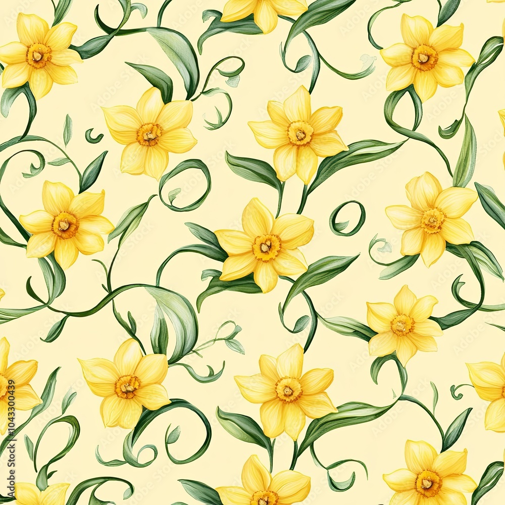 Fototapeta premium A vibrant pattern of yellow daffodils intertwined with green leaves, set against a soft yellow background, creating a cheerful floral design.