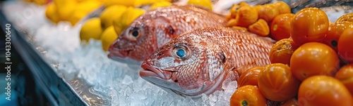 Fish heads on ice with peppers and lemons, food background, banner photo