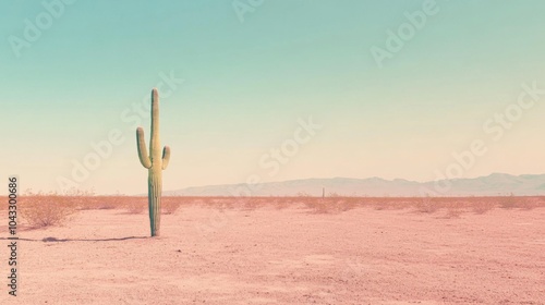 Fototapeta Naklejka Na Ścianę i Meble -  A single saguaro cactus stands tall in the desert, with mountains in the distance. The sky is a pale blue, and the sand is a soft pink.