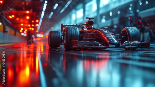 A sleek racing car prepares for a pit stop at night, surrounded by vibrant lights and reflective surfaces, creating a dynamic atmosphere. photo