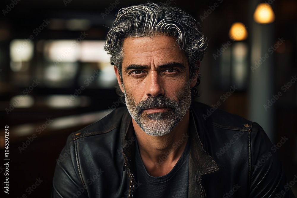 Portrait of a handsome mature man with gray hair and beard in a black leather jacket Portrait of a handsome mature man with gray hair and beard in a black leather jacket
