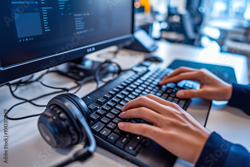 Customer service representative typing on keyboard in focus