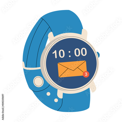 Flat vector illustration of smart watches, fitness trackers for kids and adults with digital display and silicone bracelets. Dial on the watch.