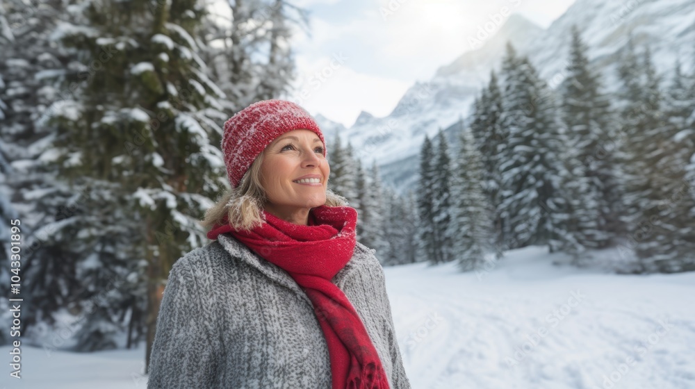 Woman enjoying a peaceful walk in a snowy mountain forest Woman enjoying a peaceful walk in a snowy mountain forest