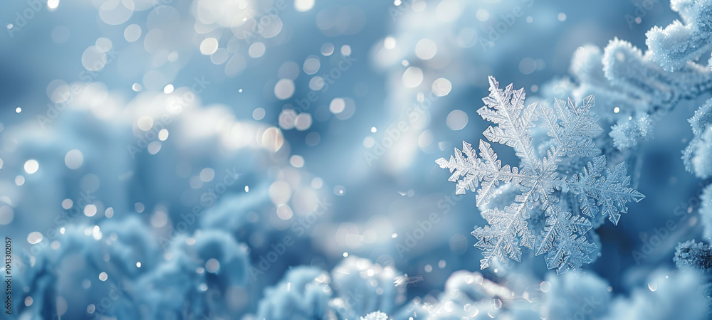 Close-up of delicate snowflake on frosty blue background Close-up of delicate snowflake on frosty blue background