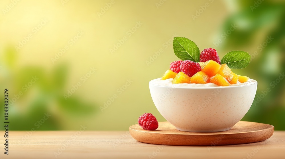 Fresh yogurt bowl topped with mango and raspberries Fresh yogurt bowl topped with mango and raspberries