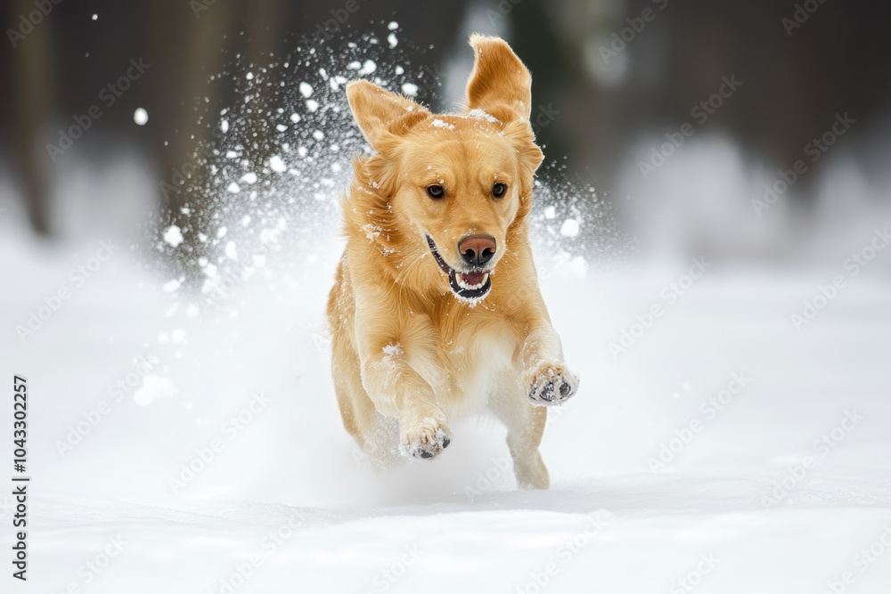 Joyful golden retriever bounding through snowy winter landscape Joyful golden retriever bounding through snowy winter landscape
