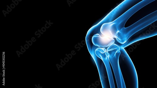 A close-up view of a glowing human knee joint, highlighting its anatomical structure against a dark background.